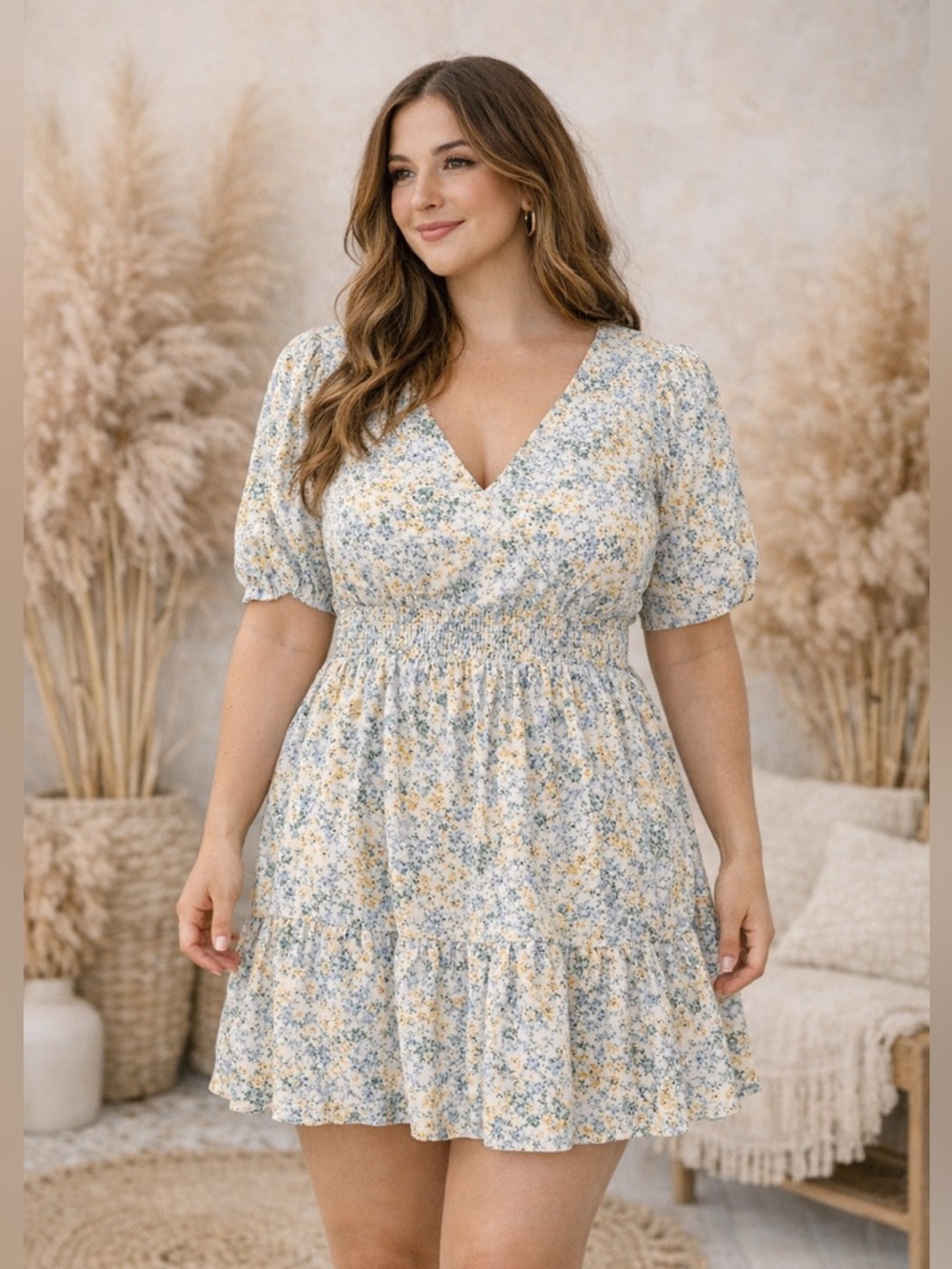 🔥5/$35🔥 Paper Crane Blue & Cream Floral V‑Neck Smocked Mini Dress | Size Small